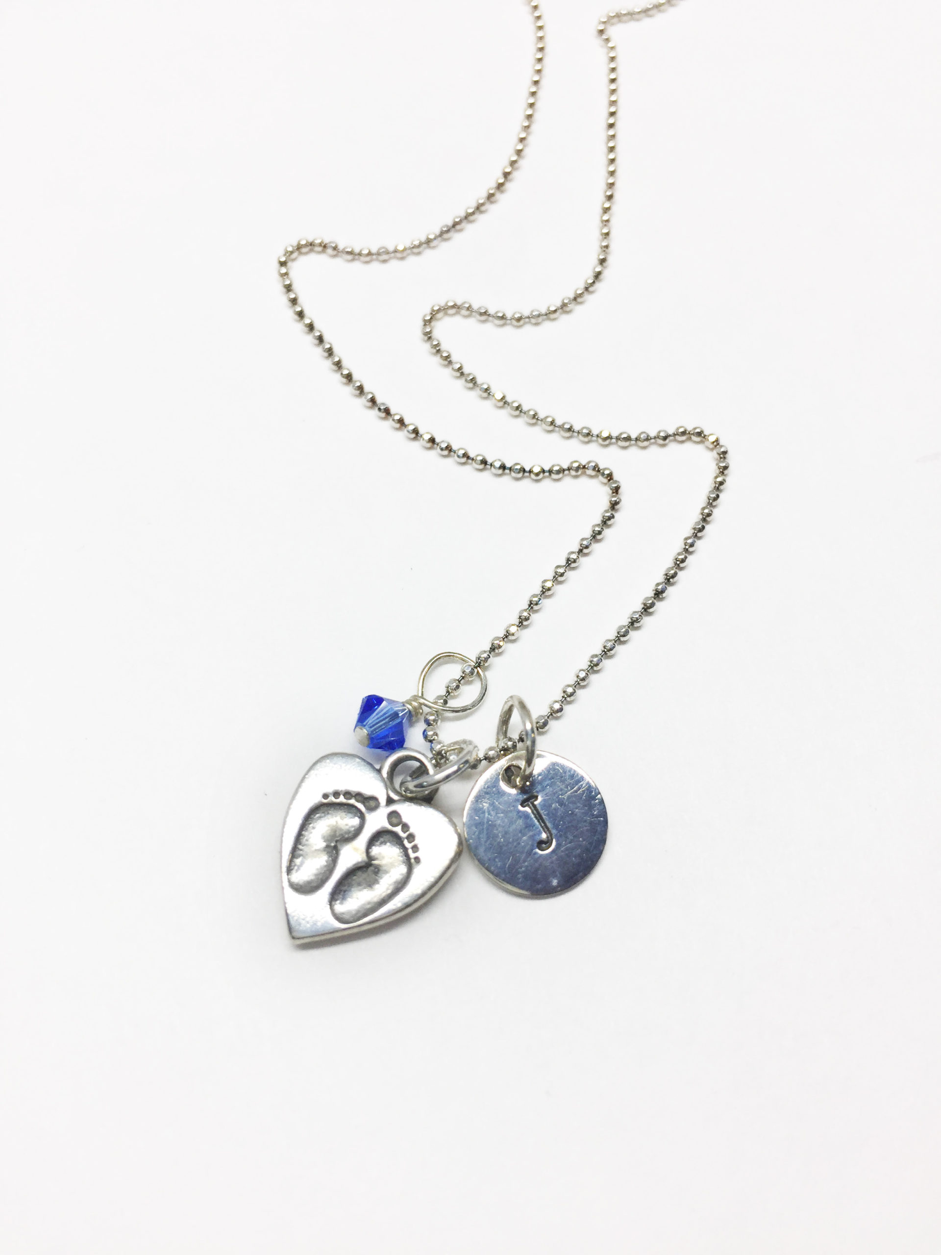 Footprints in Heart Personalized with Swarovski & Stamped Initial Sterling  Silver Necklace