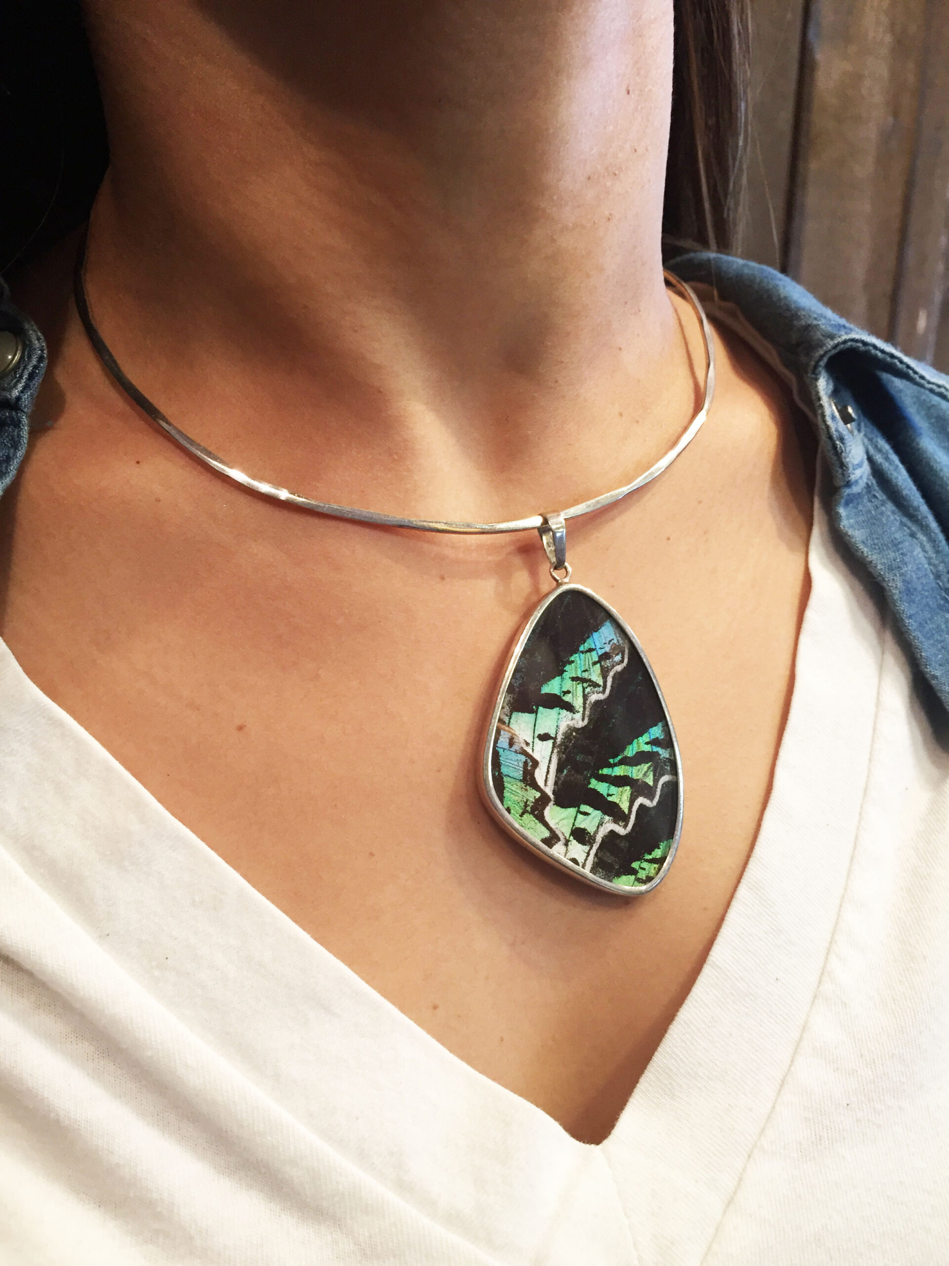 Butterfly Wing Necklace - Pantone Greenery Kale Lapis - Mother Earth Collection - Sterling Butterfly Necklace - Image 2
