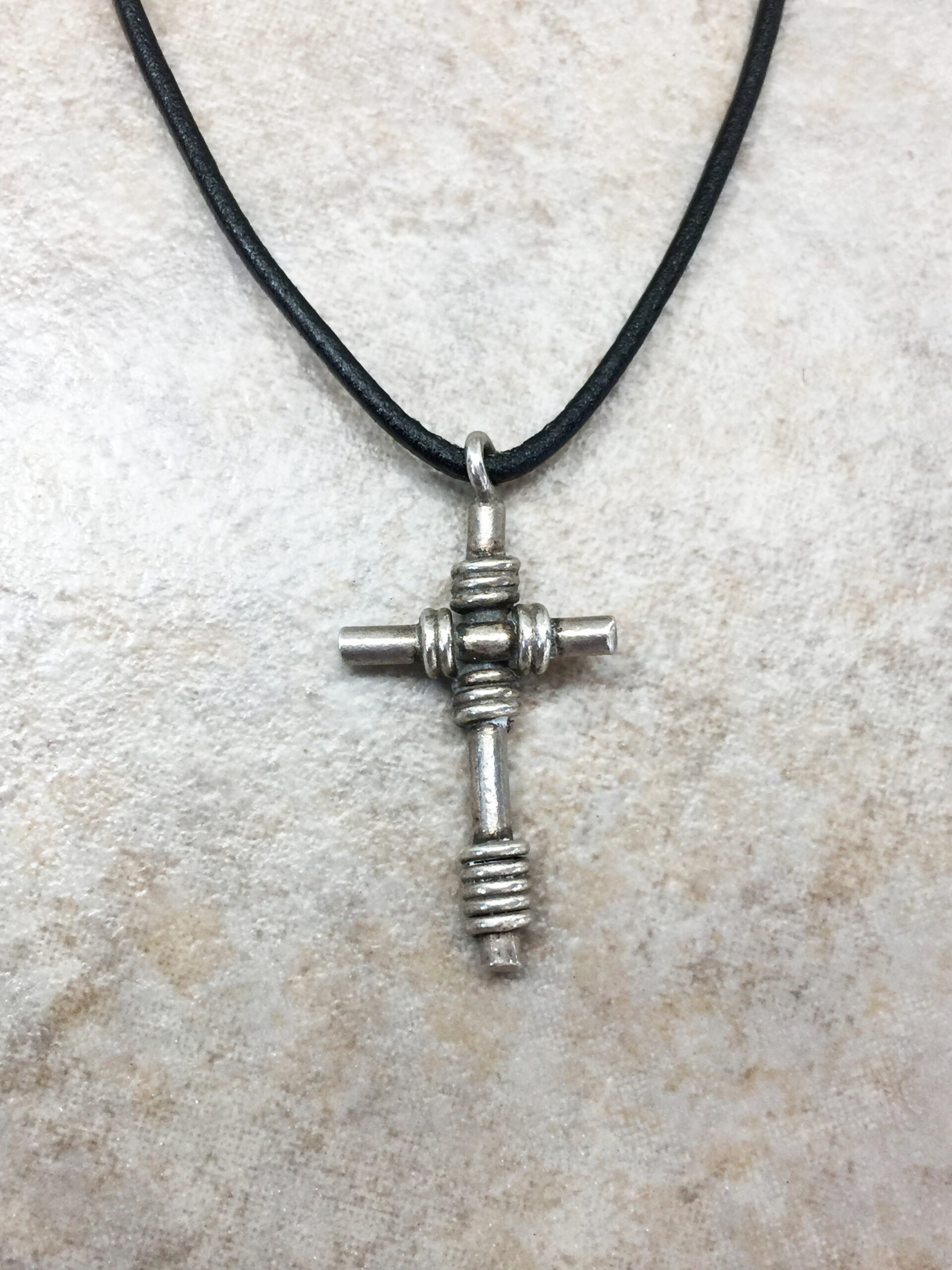 Cross Charm Men's Sterling Silver and Leather Necklace - Rope Cross Charm - Image 4