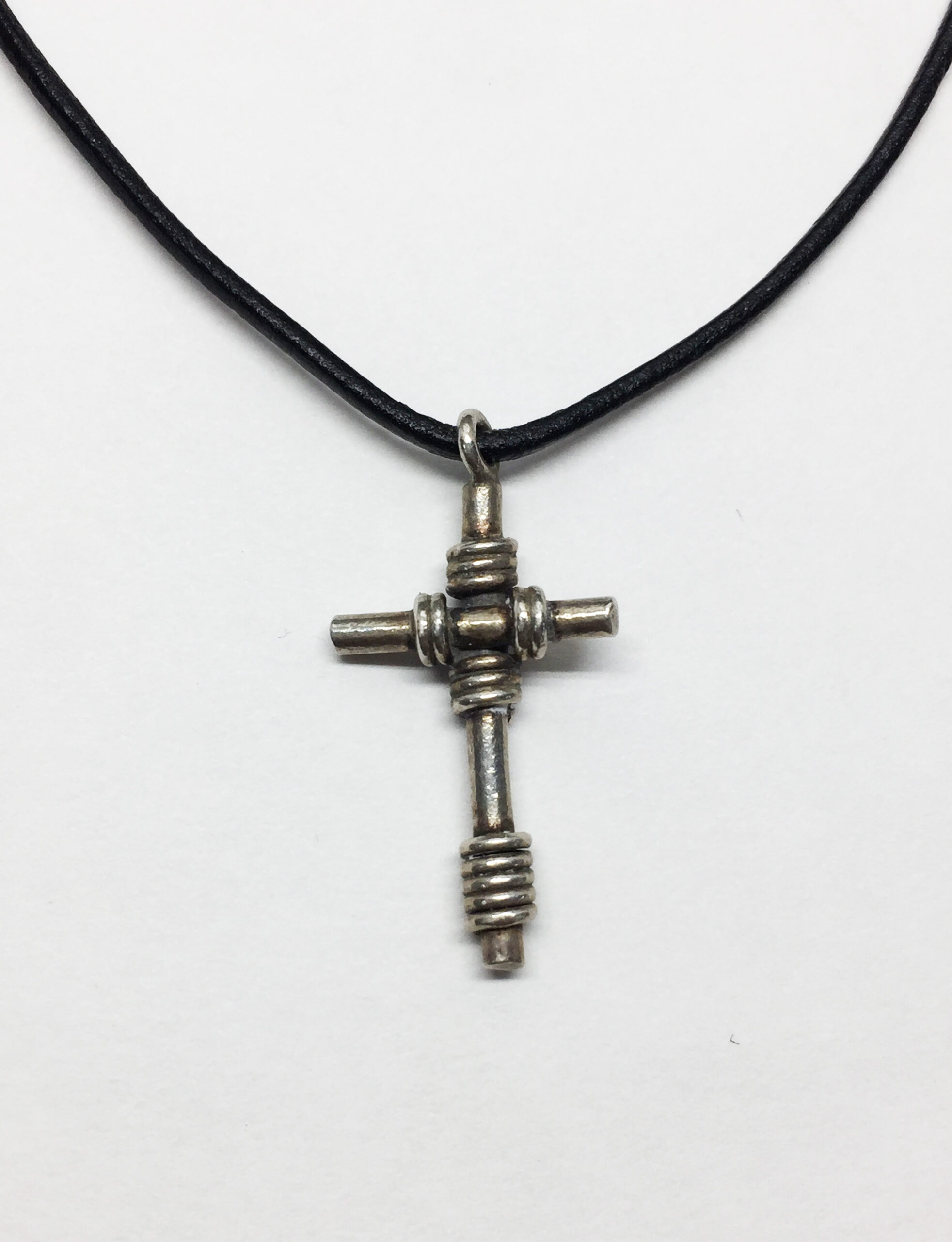 Cross Charm Men's Sterling Silver and Leather Necklace - Rope Cross Charm - Image 3