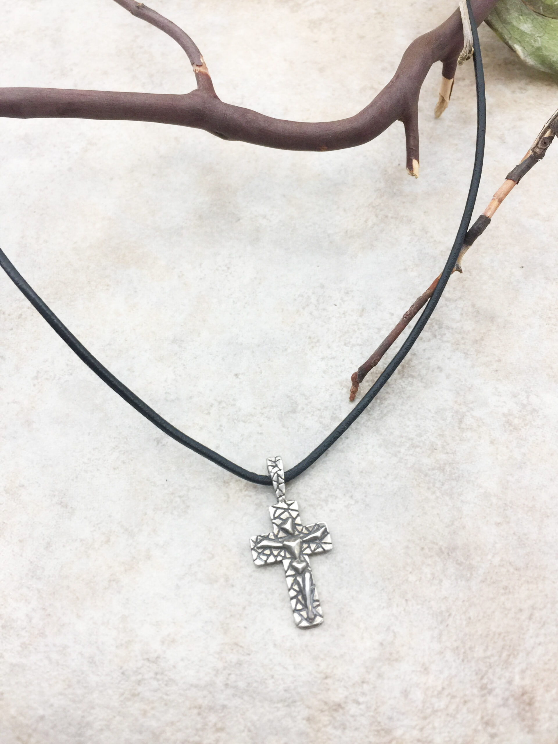 Crucifix Charm Men's Sterling Silver and Leather Necklace - Image 4