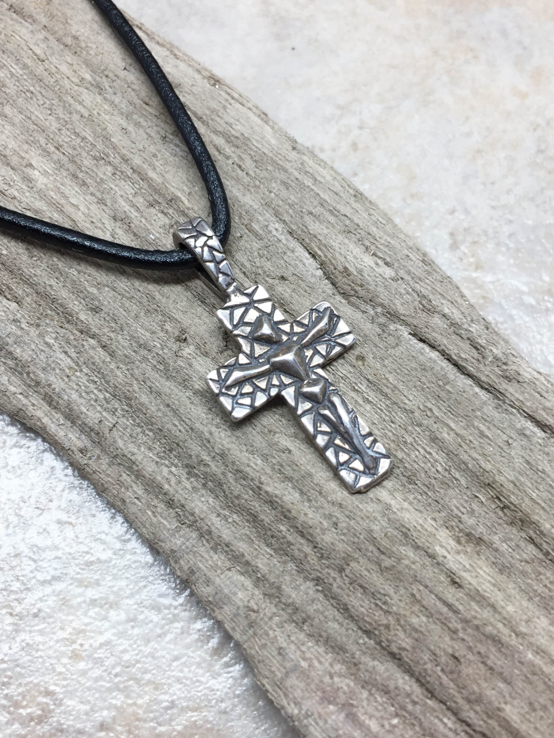 Crucifix Charm Men's Sterling Silver and Leather Necklace - Image 3