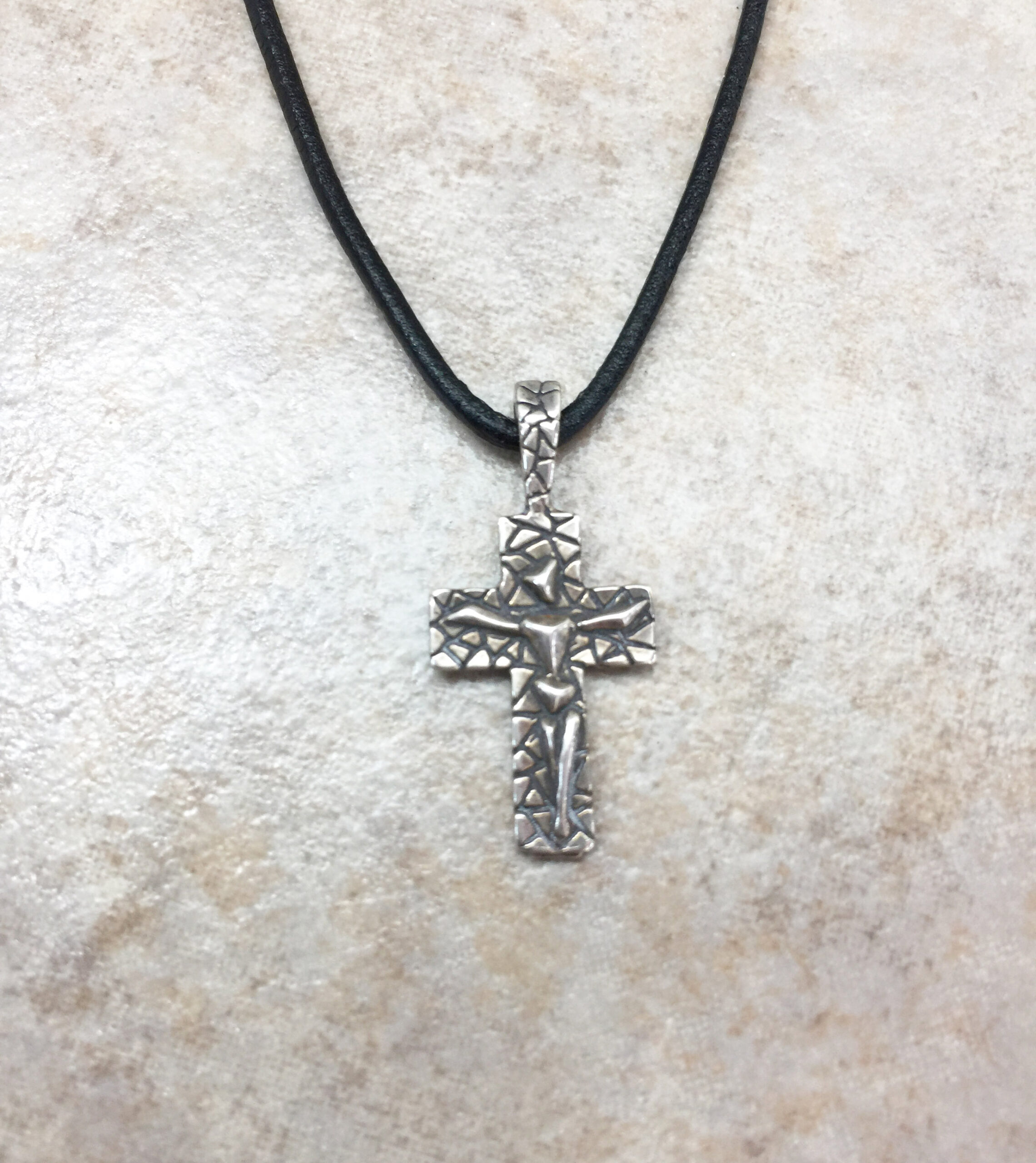 Crucifix Charm Men's Sterling Silver and Leather Necklace - Image 2