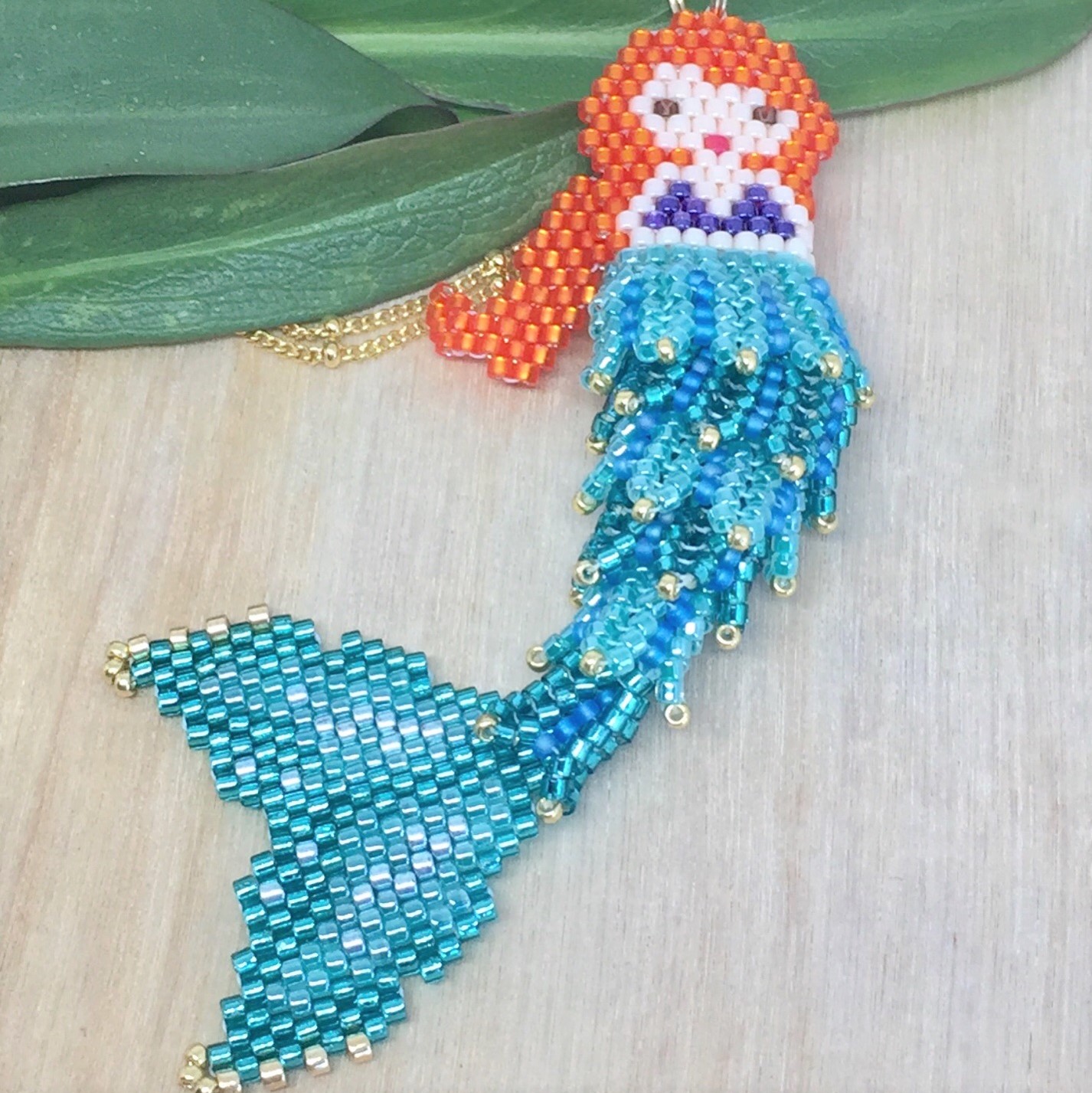 Beaded Mermaid, Movable 3-D Hand Beaded Sea Goddess with Japanese Seed Beads  - Fuession Jewelry