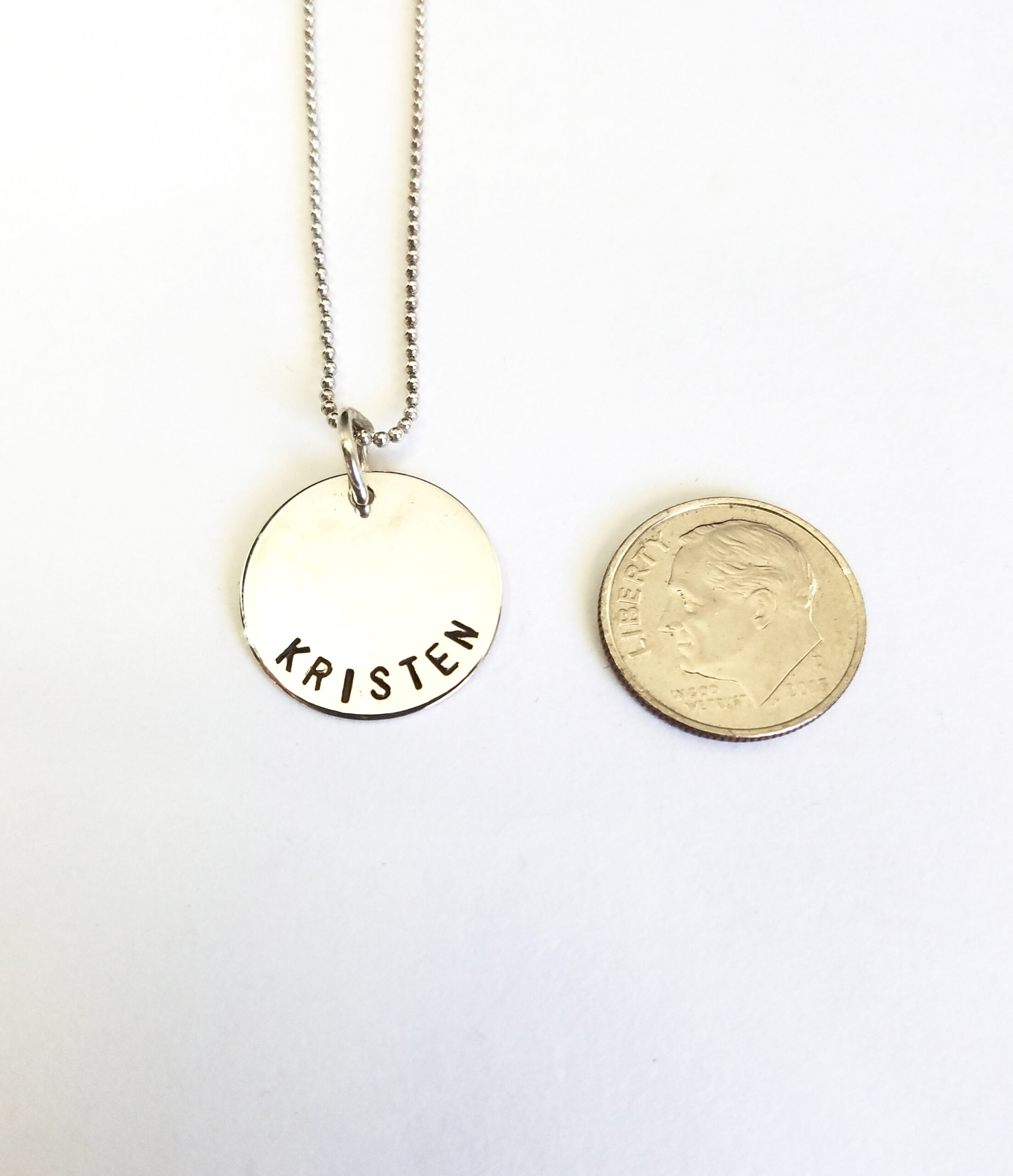 Medium Single Disc Mother's Sterling Silver Hand Stamp Name Necklace - Image 3