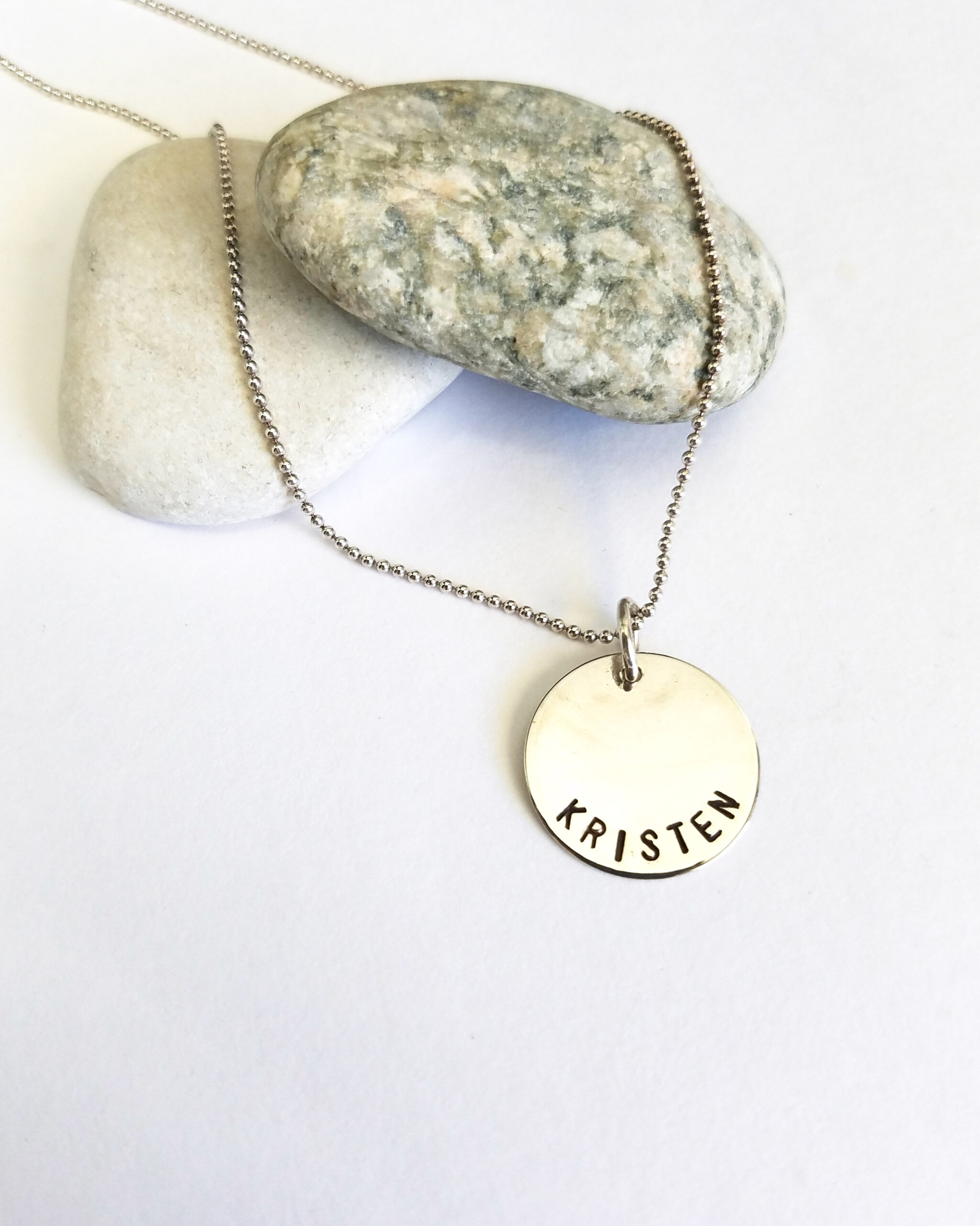 Medium Single Disc Mother's Sterling Silver Hand Stamp Name Necklace - Image 2