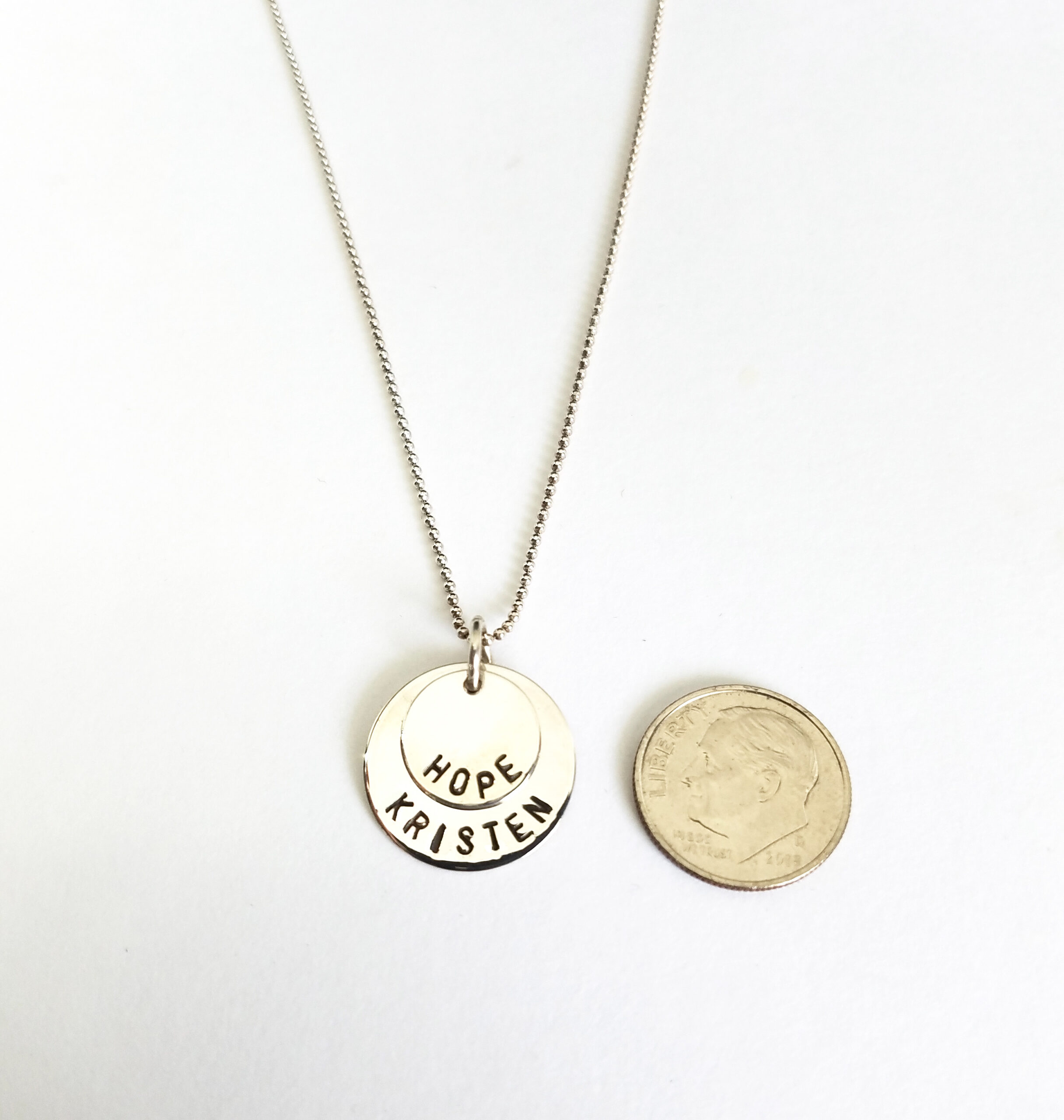 Sterling Silver Hand Stamped 2 Name Necklace on Small & Medium Discs - Image 3