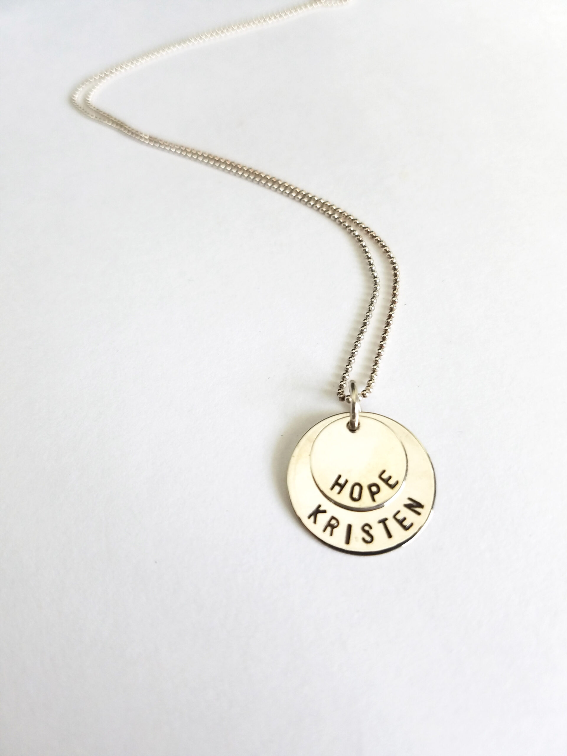 Sterling Silver Hand Stamped 2 Name Necklace on Small & Medium Discs - Image 4