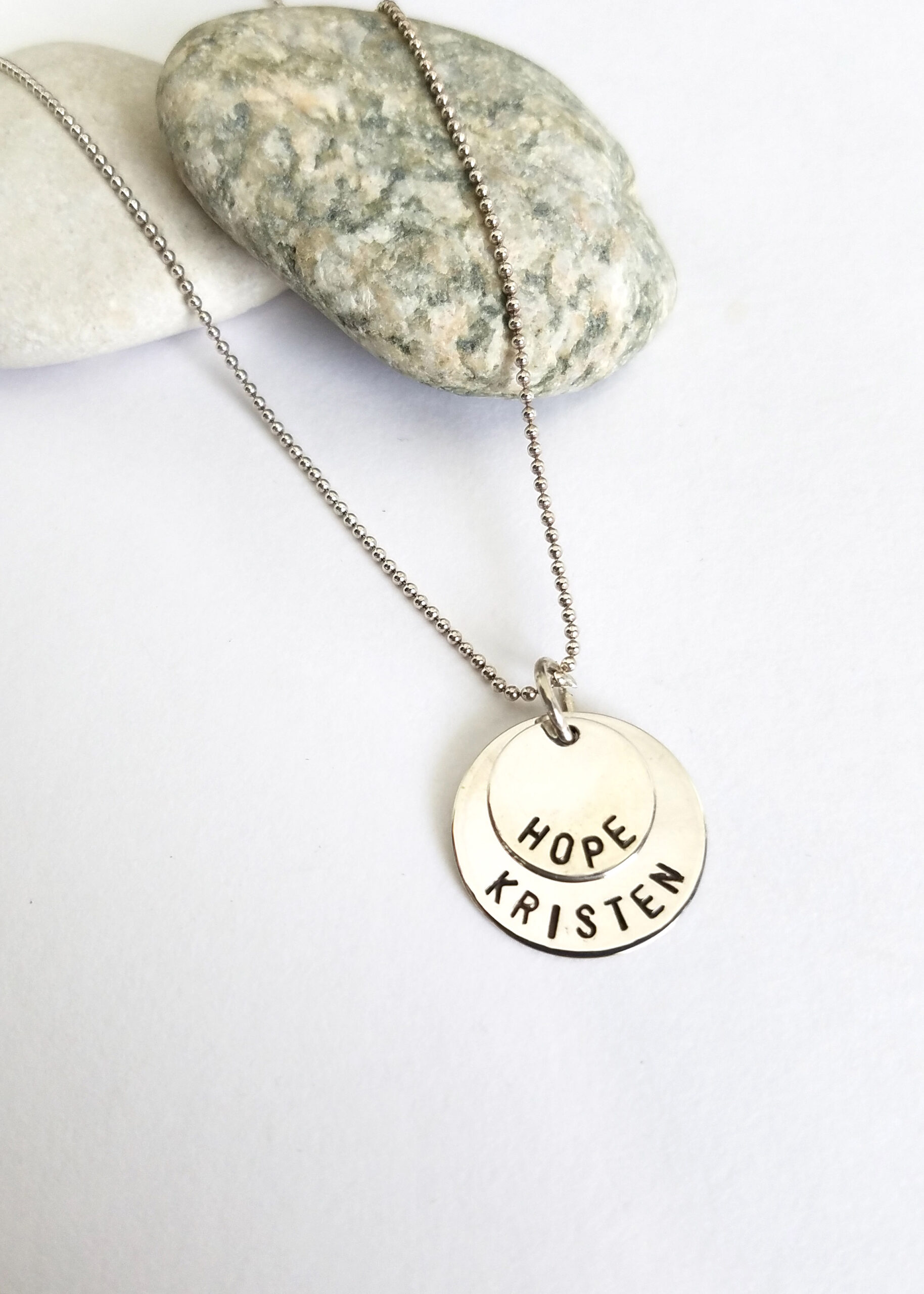 Sterling Silver Hand Stamped 2 Name Necklace on Small & Medium Discs - Image 2