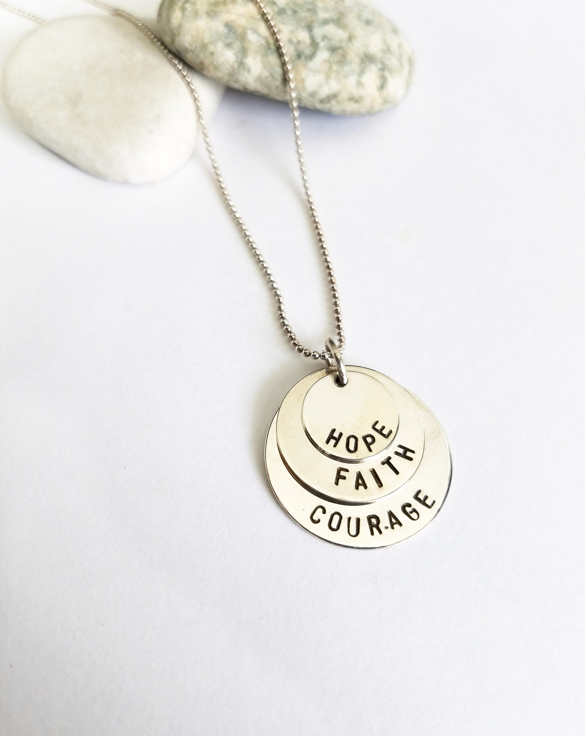 Triple Disc Mother's Sterling Silver Hand Stamp Necklace / Hope Faith Courage Necklace - Image 3