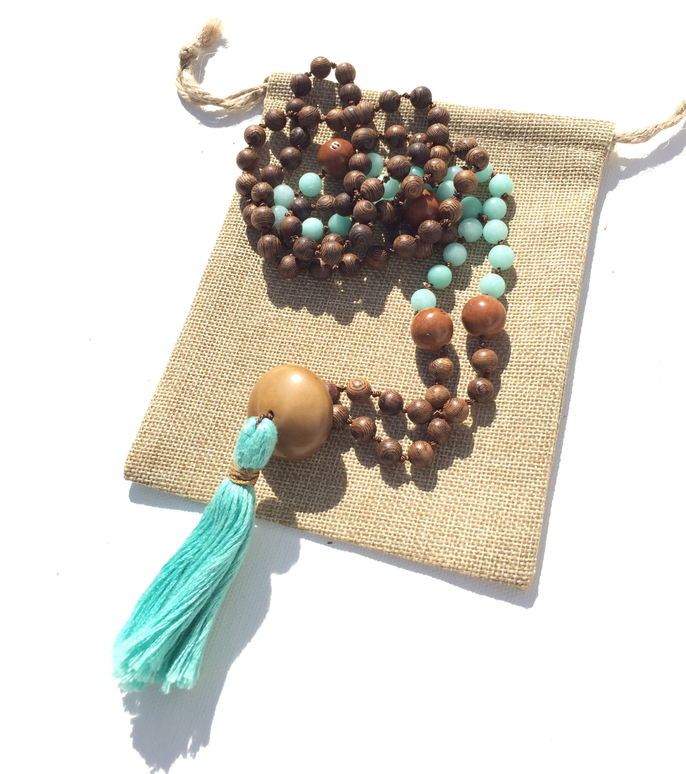 Mala Necklace Hand Knotted, Jade Amazonite & Wood Prayer Necklace - Image 2