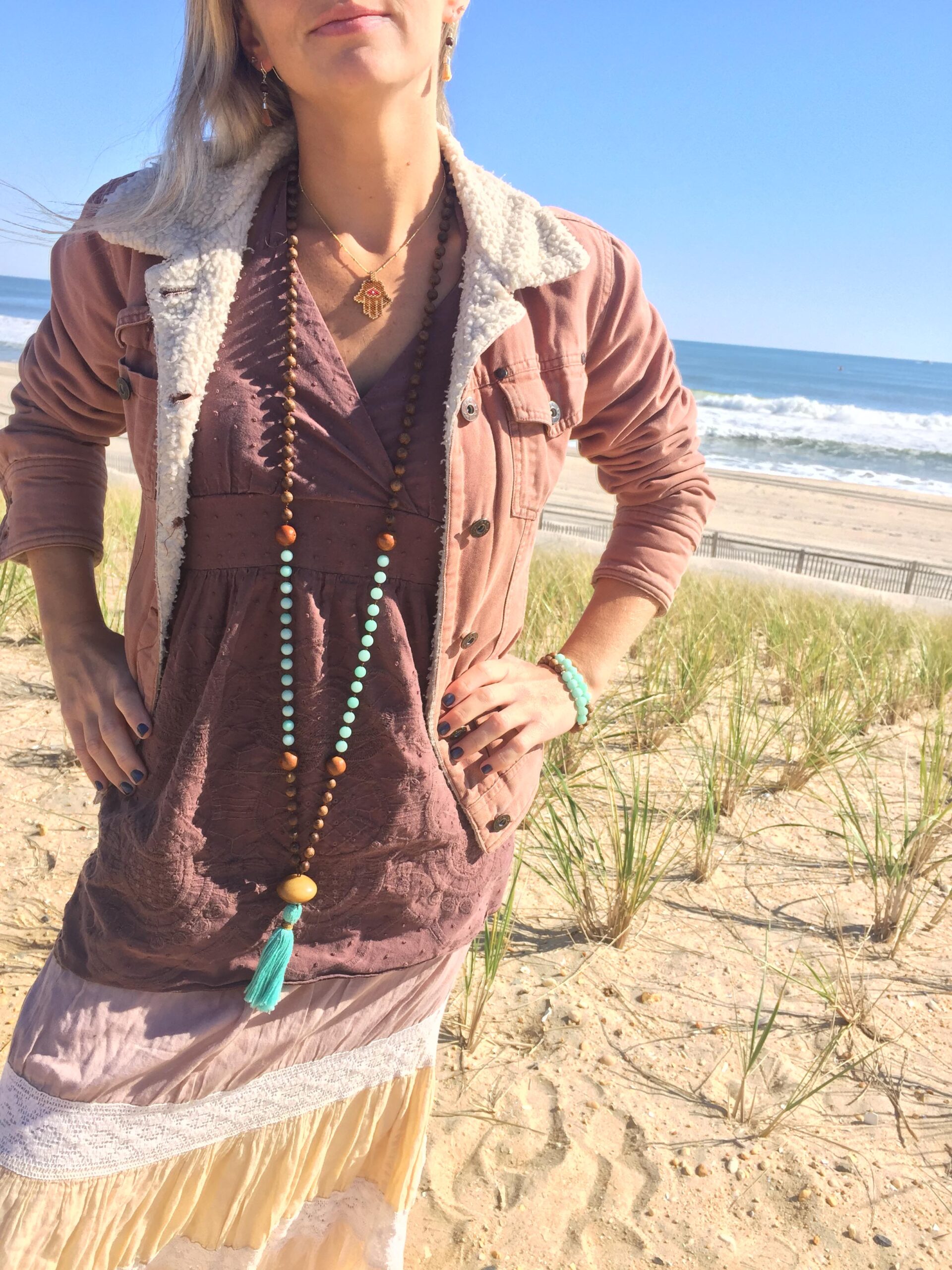 Mala Necklace Hand Knotted, Jade Amazonite & Wood Prayer Necklace - Image 3