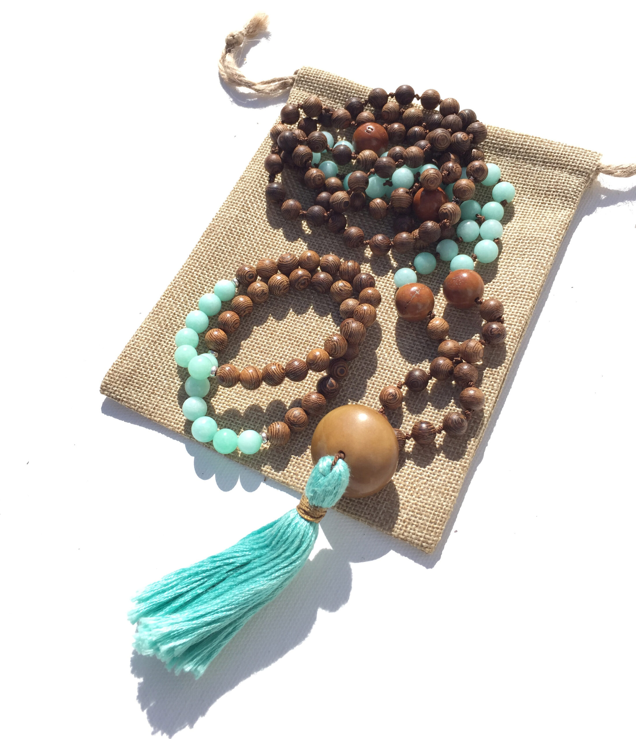 Mala Necklace Hand Knotted, Jade Amazonite & Wood Prayer Necklace - Image 4