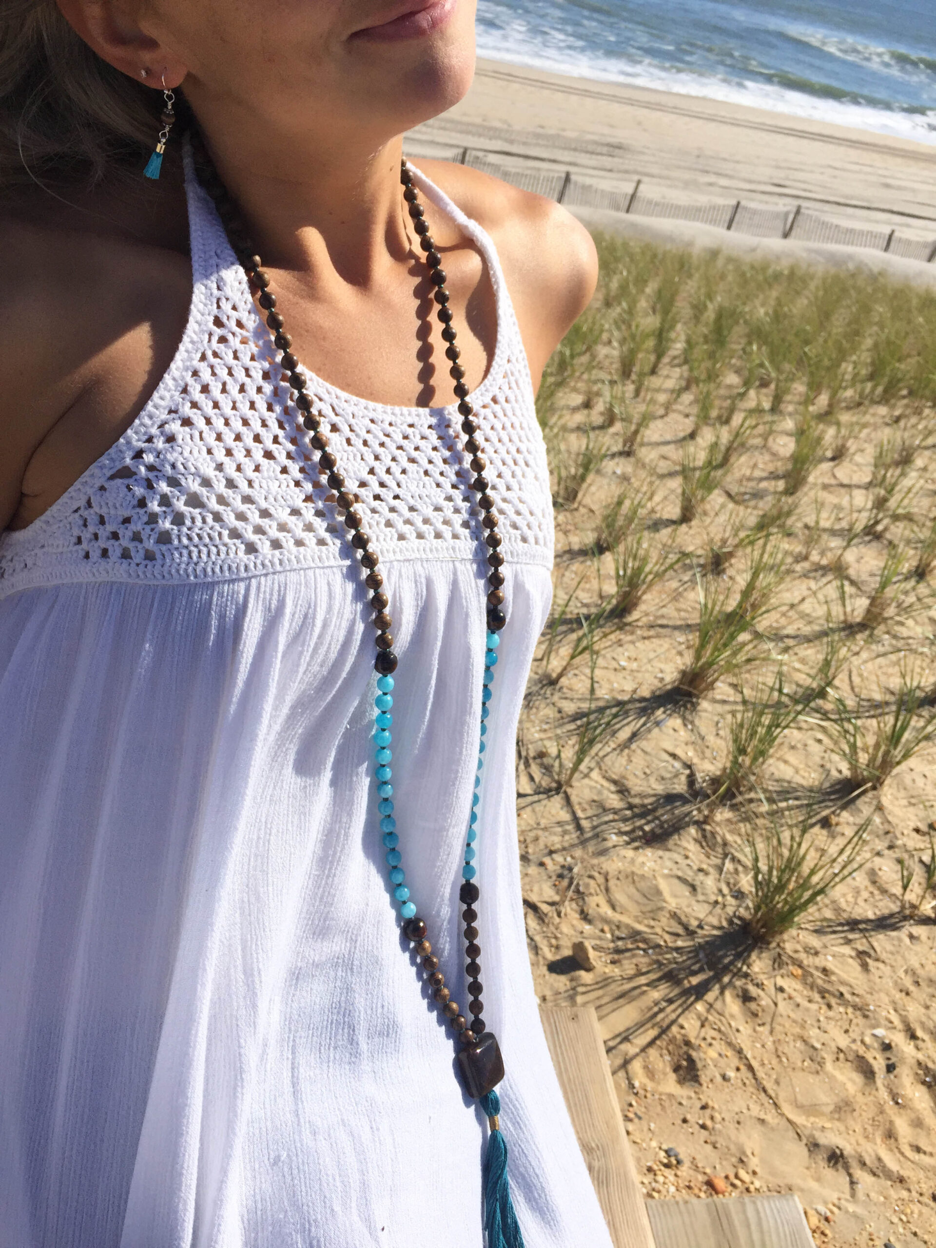 Mala Hand Knotted Aqua Blue Jade and Wood Yogi Necklace - Image 3