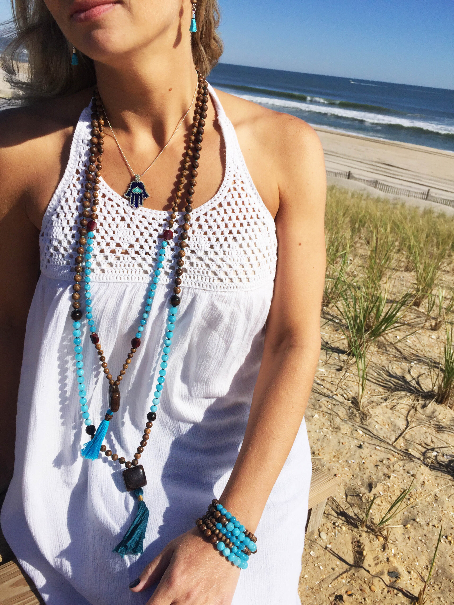 Mala Hand Knotted Aqua Blue Jade and Wood Yogi Necklace - Image 5