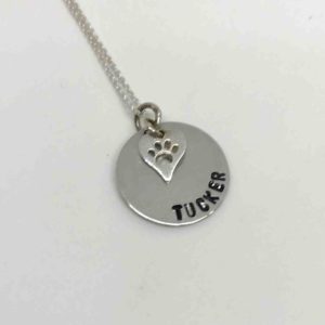 Hand Stamped Pet Necklace with Paw Print in Heart on White