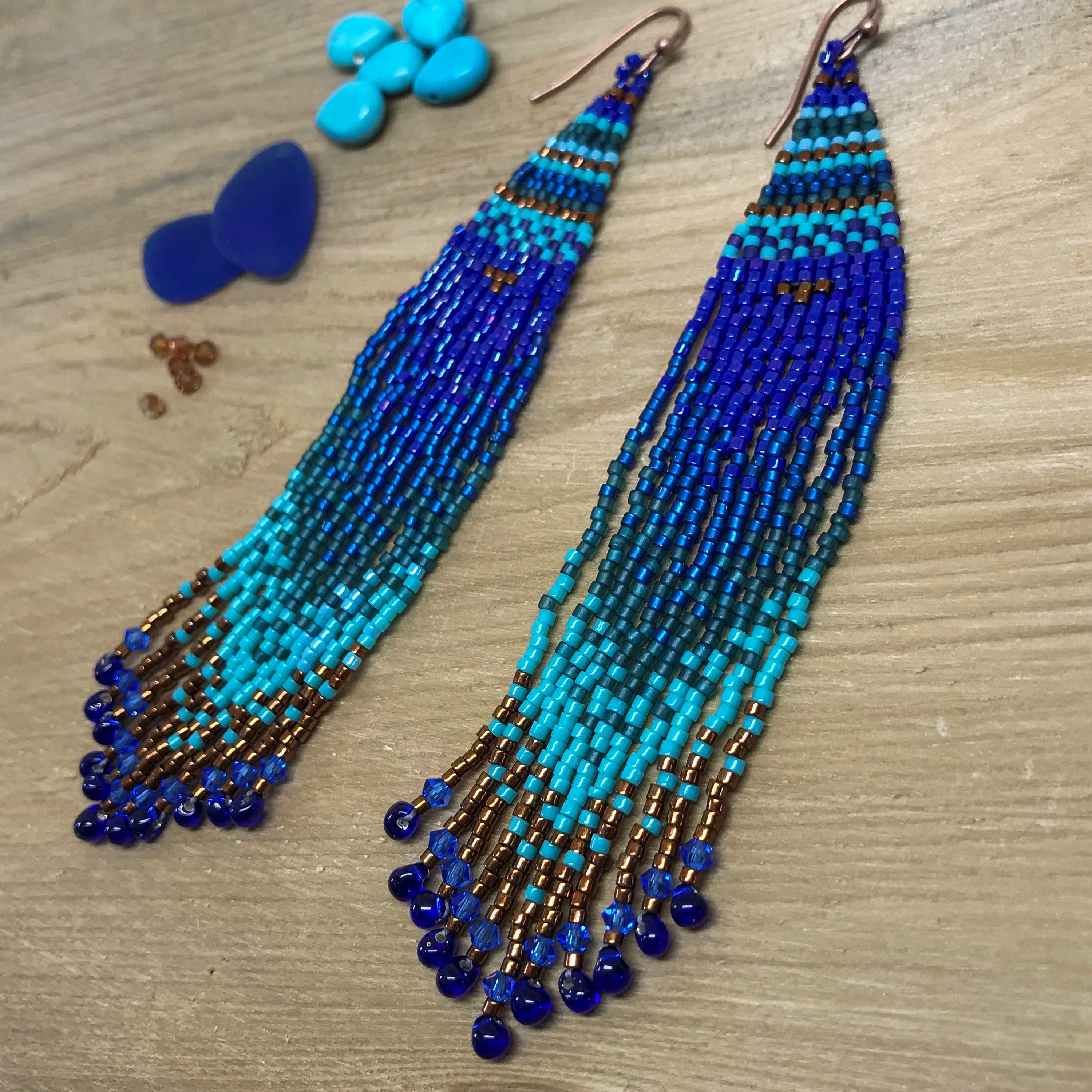 Sterling & Stitch Seed Bead Fringe Earring - Blue/Gold , Women's