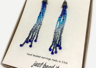 Wave of Blue Fringe Ombre Tassel earrings in gift box.