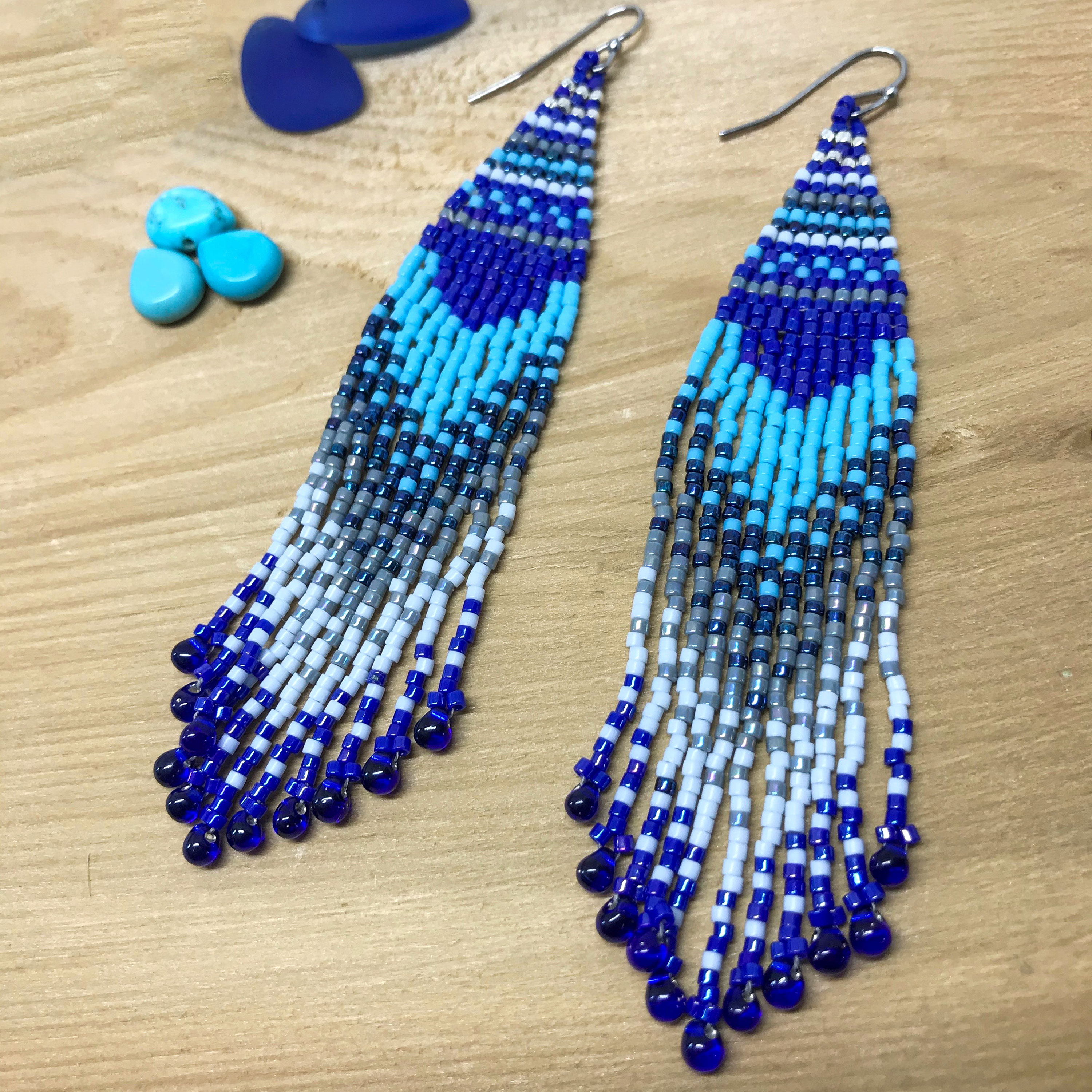 Tribal Earrings Blue Ombre Earrings Indian Boho Earrings Beaded Fringe Earrings Gypsy Tribe Earrings