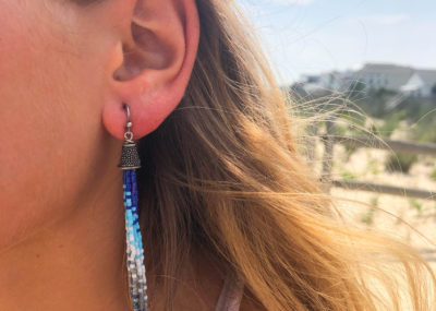 Wave of Blue Fringe Ombre Tassel Earrings on model.