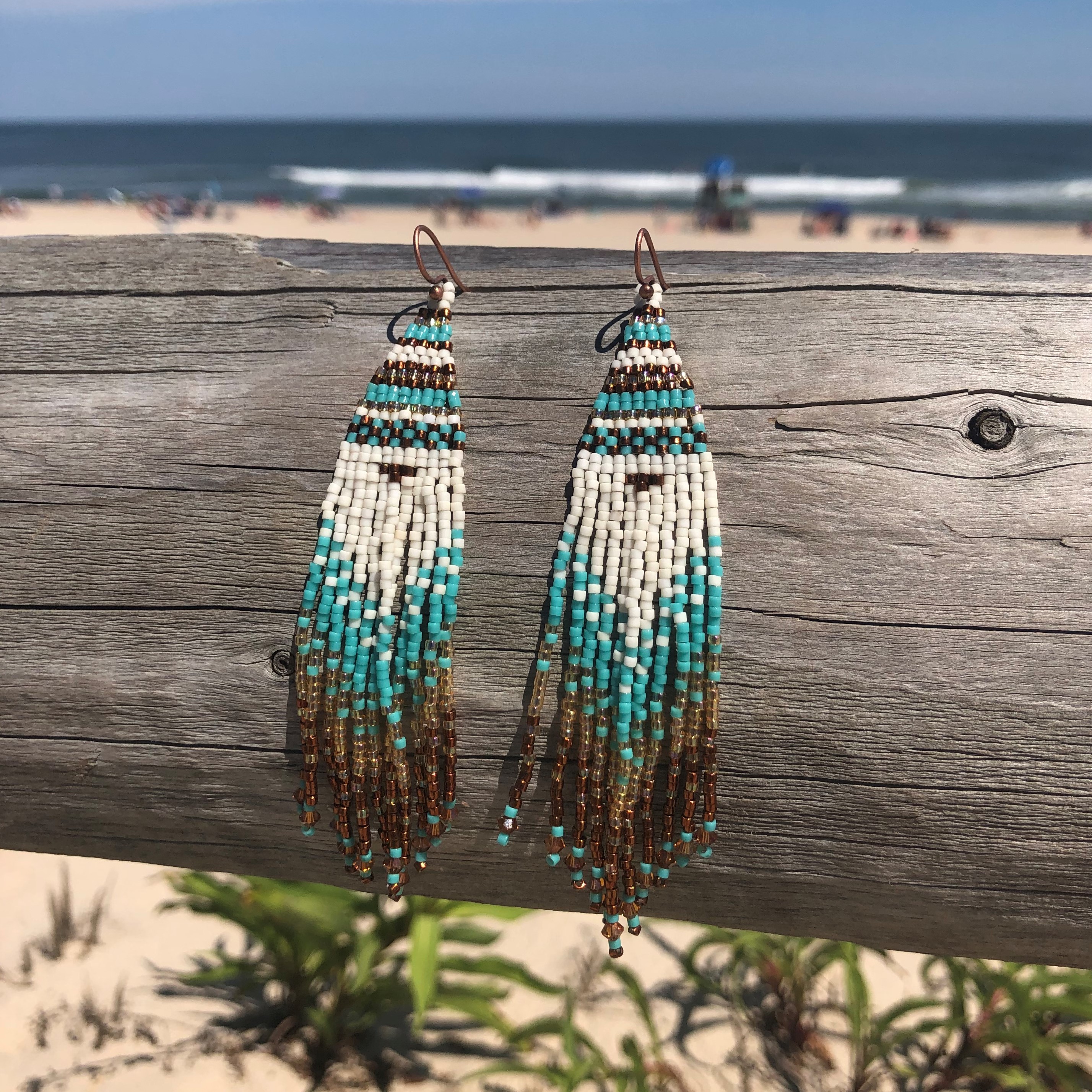 Bohemian Woven Beaded Ombre Earrings, “Aztec Sea” Hand Crafted Seed Bead  Fringe - Fuession Jewelry