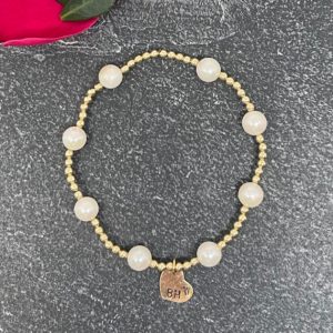 14k Gold Filled Beads with Floating Round Pearl Bracelet & Personalize Name Charm