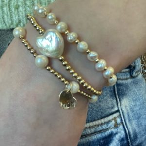 3 Piece Bracelet Set of 14k GF Beads, Round Pearls and Heart Pearl with Personalization